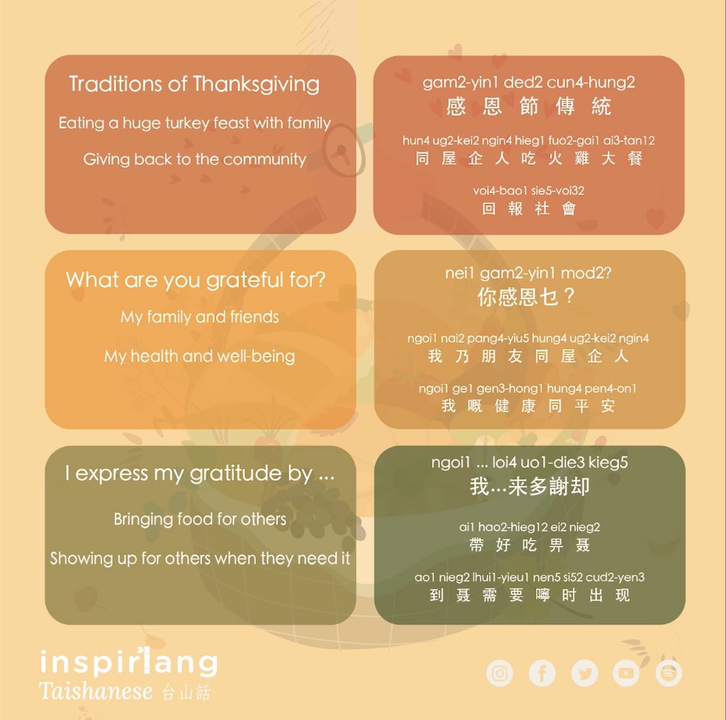 InspirLang's tweet photo. 🎧 What are some things you’re grateful for this thanksgiving?
.
.
.
.
#learncantonese #cantoneselanguage #cantonesepodcast #Chineseculture #chineselanguage #learnchinese #cantoneseclass #mandarinclass #chinesephrases #学中文 #learnchineseonline #thanksgiving https://t.co/3vfsaDaaEl