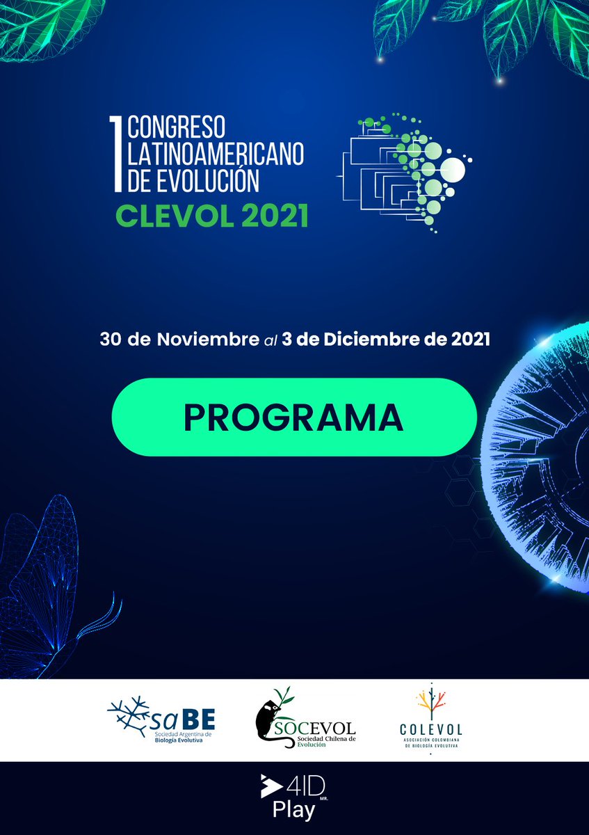 HugoBenitezd's tweet image. Ya se encuentra disponible el Programa científico general del 1er Congreso Latinoamericano de Evolucón que incluye las Conferencias, Simposios y Presentaciones Orales, pronto tendremos el que incluya todas las presentaciones de póster/panel!!!
Ver aquí: clevol2021.com/programa