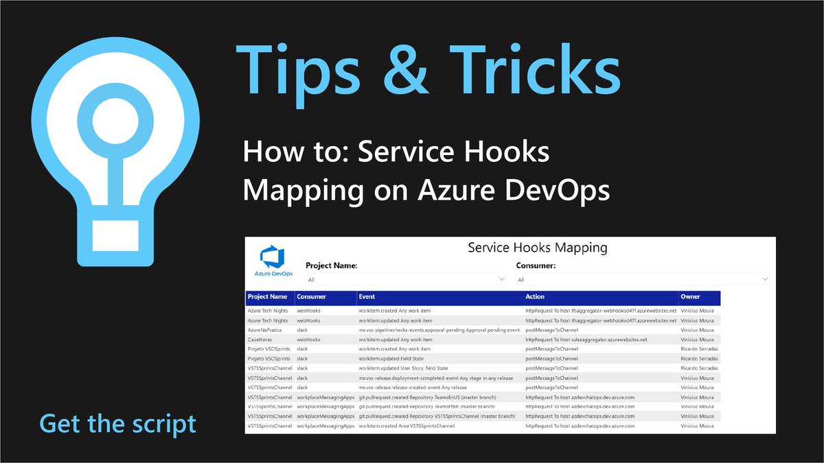 Illustration of a light bulb, a screenshot of a script and the words: Tips and tricks How to: Service Hooks Mapping on Azure DevOps, get the script. 