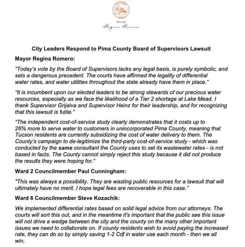 TucsonRomero's tweet photo. Today’s vote by the Pima BOS lacks any legal basis and is purely symbolic.

The cost-of-service study - which was conducted by the same 3rd party PC uses in setting its wastewater rates - shows that it costs up to 26% more to serve water to unincorporated Pima County. https://t.co/rgfWPXhH6l