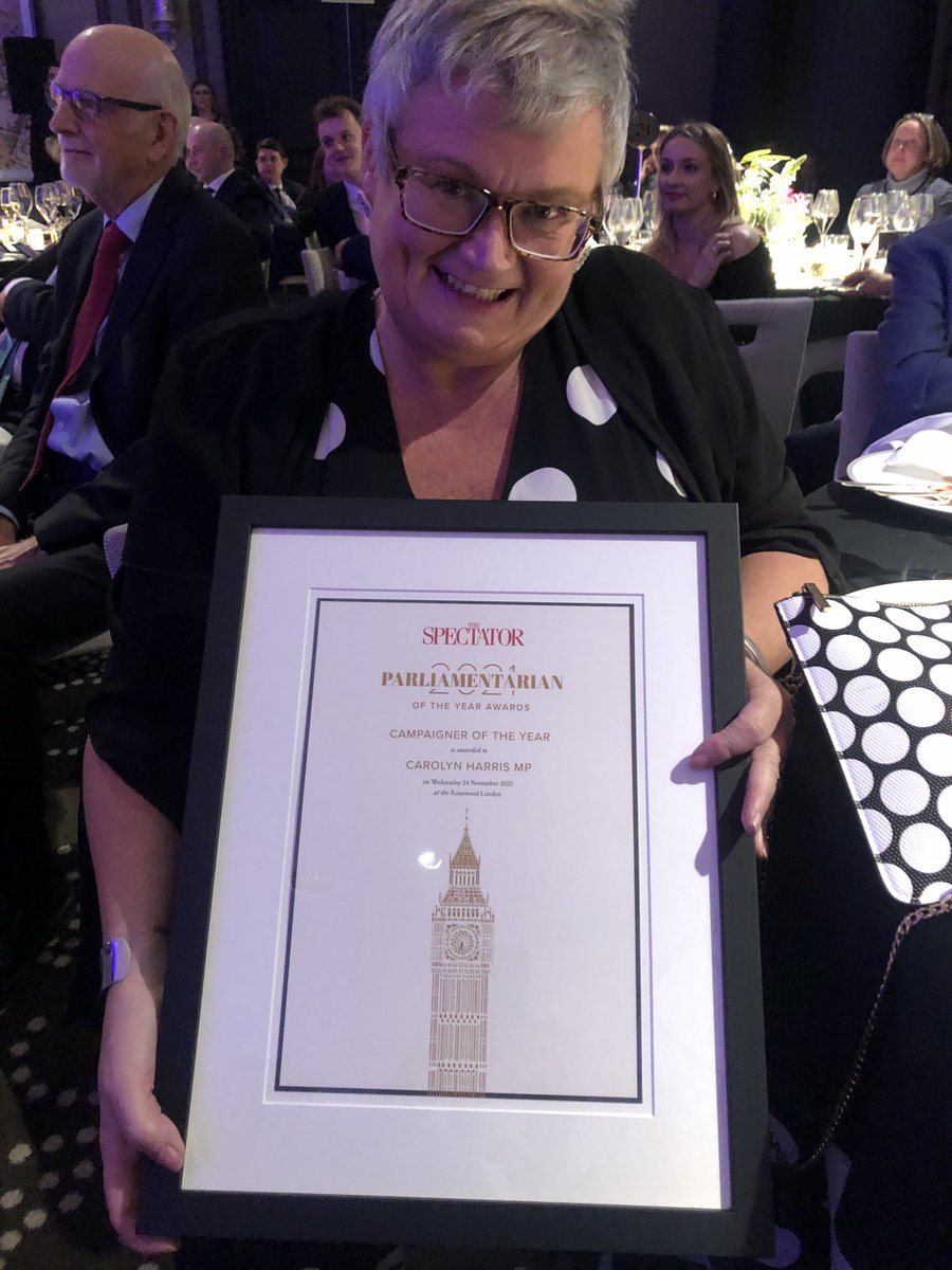 So proud of my friend and colleague ⁦@carolynharris24⁩ for winning the Campaigner of the Year award at the annual ⁦@spectator⁩ #parliamentarianoftheyear 🏴󠁧󠁢󠁷󠁬󠁳󠁿 🏴󠁧󠁢󠁷󠁬󠁳󠁿 🏆 🏆