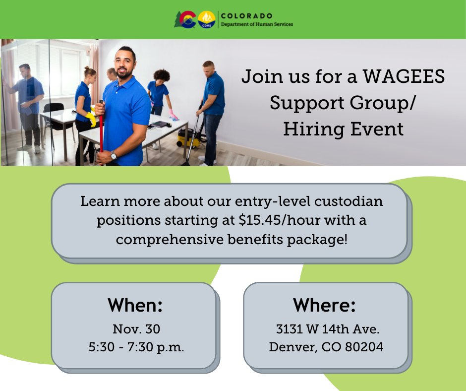 CO_CDHS's tweet image. The Colorado Department of Human Services currently has openings for entry-level custodian positions starting at $15.45/hour with a comprehensive benefits package. Our partners at @serviciosdlraza are hosting a hiring event next Tuesday in Denver. Details: cdhs.colorado.gov/we-are-hiring-…