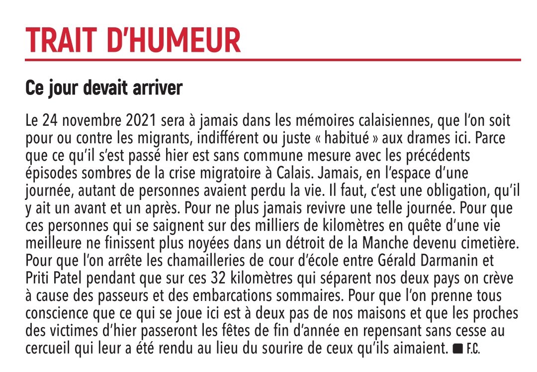 flocaffery's tweet photo. "Les proches des victimes passeront les fêtes de fin d'année en repensant sans cesse au cercueil qui leur a été rendu au lieu du sourire de ceux qu'ils aimaient".
Trait d'humeur après les 31 décès au large de #Calais https://t.co/LUM9fia2AI