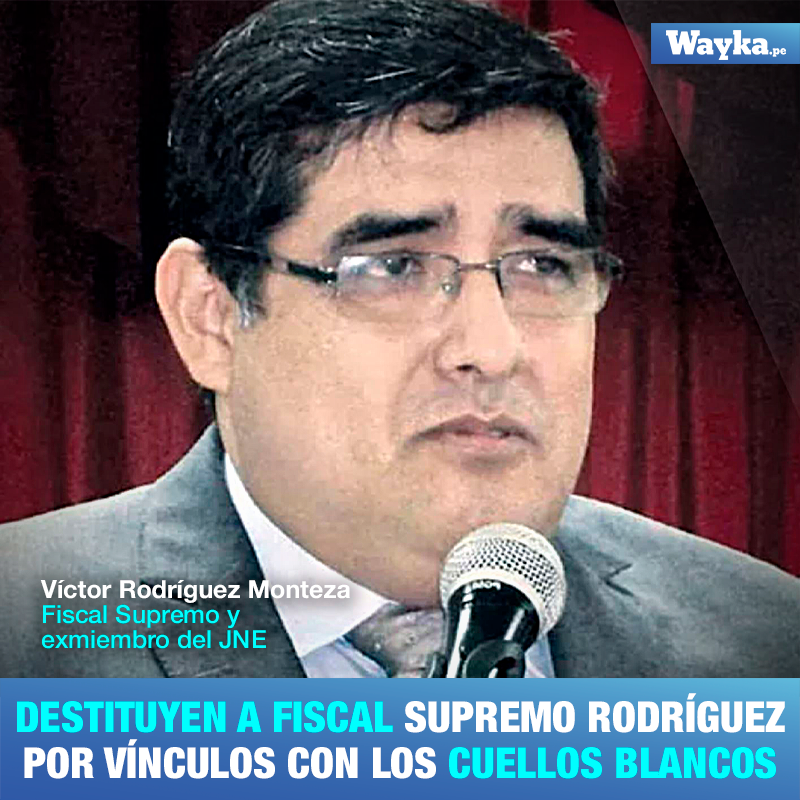 Por unanimidad, la <a href="/JNJPeru/">Junta Nacional de Justicia</a> destituye al fiscal supremo Víctor Rodríguez Monteza por cometer faltas disciplinarias calificadas de "muy graves" al alertar a los jueces y fiscales involucrados en la organización criminal 'Los #CuellosBlancos del Puerto'.