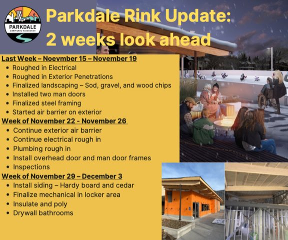ParkdaleYYC's tweet photo. What’s happening with the Rink & Hub Space this week? Check out our new updates! 🎉🎉 Electrical & plumbing are getting roughed in this week!
#parkdale #parkdaleyyc #rink #accessibility #rinkoutdoorrink #accessiblerinkyyc #accessiblerink #communitydevelopment #communityyyc https://t.co/wQiF6LSqUj