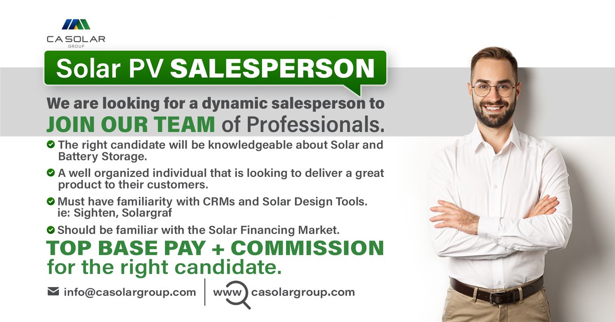 CA_SolarGroup's tweet photo. 📢Join our dynamic team of professionals, and get your chance to earn top base pay+commission.
Apply now by sending your resume to info@casolargroup.com with the subject line "Solar PV Salesperson."🙌

#vacancy #salesperson #solarpvsales #solarsalesperson #hiringnow https://t.co/0tHydTeiuk