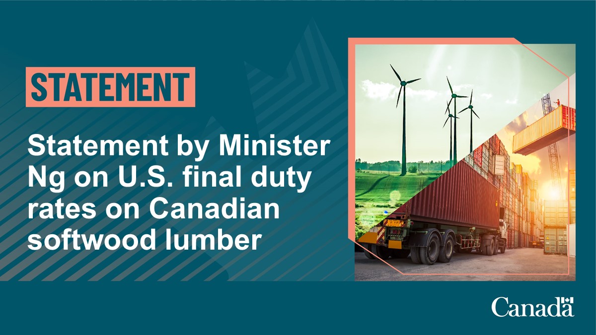 CanadaTrade's tweet photo. Canada is extremely disappointed that the United States has decided to increase the unfair duties it is imposing on Canadian #SoftwoodLumber from most producers to 17.9%. 

Read the statement from Minister Ng: 
https://t.co/r5uIBkWDTc https://t.co/Qt8sIfypof
