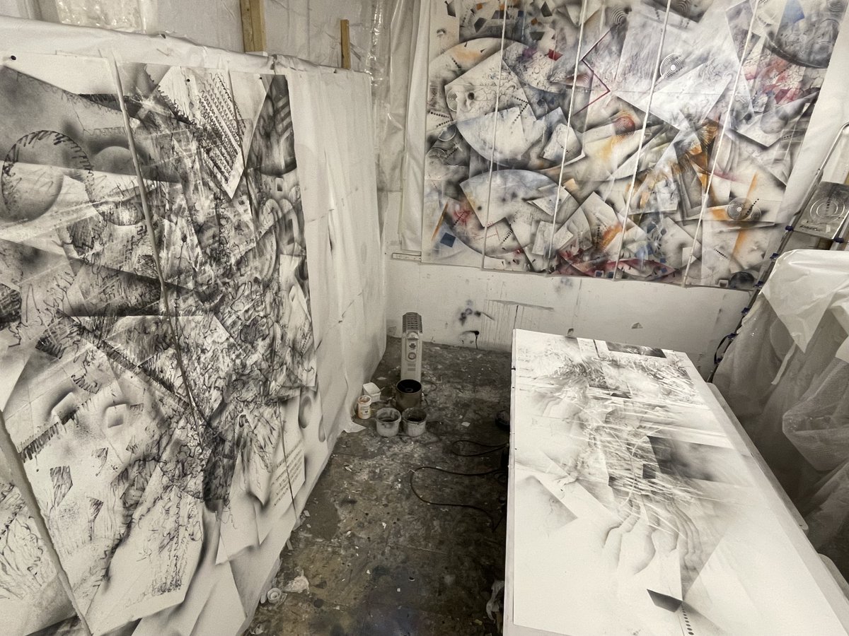 IanAndrewsArt's tweet photo. In full flow for the #sketchbookcollider next show at @TheBeaconMuseum Whitehaven Cumbria! 5 Feb-24 April 2022! with @kostas_nikolop workshops for #Nationalscienceweek with @BritSciAssoc and #Nationallottery funding #DrawingProjects #exclusivehiggs #sciart #scicomm https://t.co/gXyHsS3O95