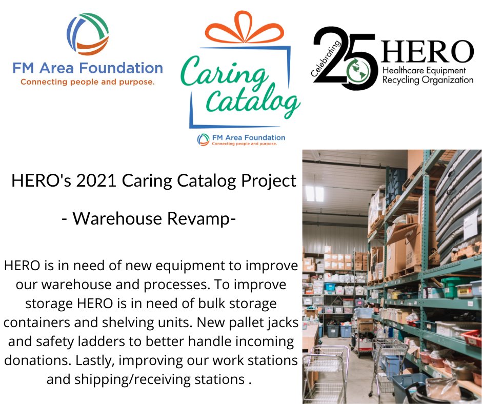 HEROFargo's tweet image. #FMAreaCaringCatalog has officially started. HERO's Warehouse Revamp is our focus. HERO is in need of upgrading our equipment so we can be more efficient with processing and storing medical equipment. To donate: fargo.fcsuite.com/erp/donate/cre…