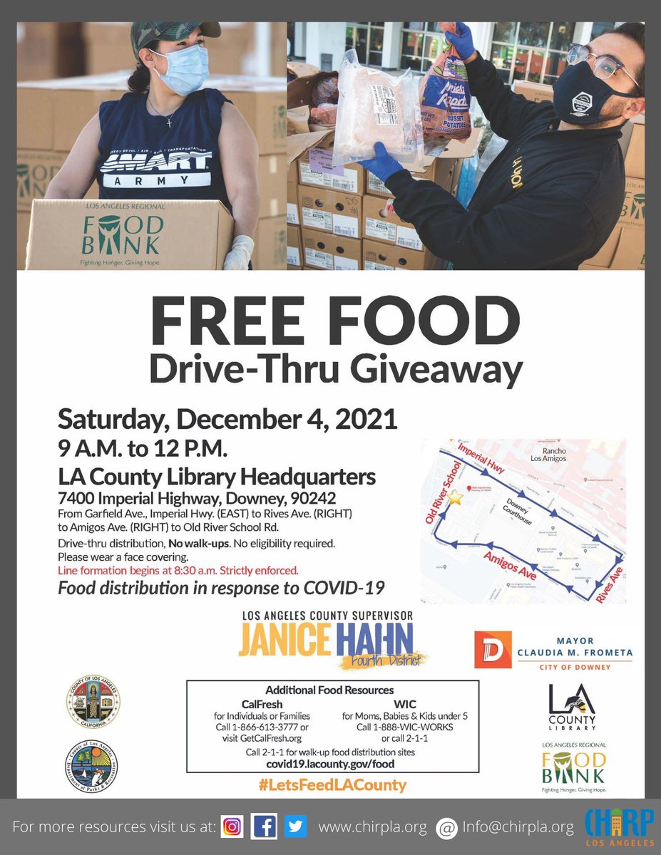 ChirpLosAngeles's tweet photo. Free Food Drive-Thru Giveaway
Saturday, December 4, 2021
9am - 12pm
7400 Imperial Highway Downey, CA 90242 #letsfeedlacounty #chirplaresources #downey #freefoodgiveaway #communityresources https://t.co/2r02Hntzxv