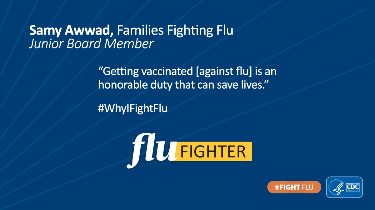 CDCFlu's tweet photo. Samy Awwad discusses his passion for fighting flu by advocating with @famfightflu for flu vaccination to protect yourself and others from having to experience the loss of a loved one to #flu.  Read more: https://t.co/nH3jlGfGqy

#WhyIFightFlu https://t.co/gZ7H4aa4uH