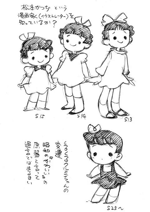 「かわいい絵」というカテゴリーを振り返る時、必ず源流には『松本かつぢ』が居るのを忘れちゃいけない。

80年代に弥生美術館の展示で、幼児期に出会っていた数々の絵本に再会し、名前も認識していなかった作家の影響下だった事に気付いた時の衝撃よ。

>絵は、戦前から戦後の『クルミちゃん』の模写 