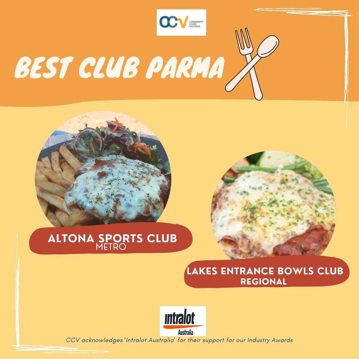 CommunityClubsV's tweet image. CCV would like to congratulate our ‘Best Club Parma’ winners. For metropolitan Victoria, Altona Sports Club and for regional Victoria, Lakes Entrance Bowls Club. #CCVAwards2021 #celebration #clubs