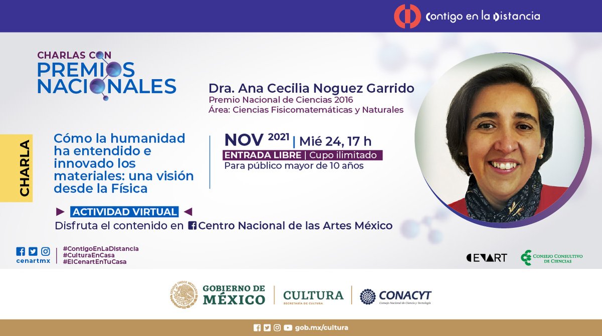 #EnVivo | Comienza la última sesión del año del ciclo de Charlas con Premios Nacionales con el tema 'Cómo la humanidad ha entendido e innovado los materiales: una visión desde la Física' a cargo de la Dra. Ana Cecilia Noguez Garrido.

➡️ fb.watch/9uvqX9CTlH/