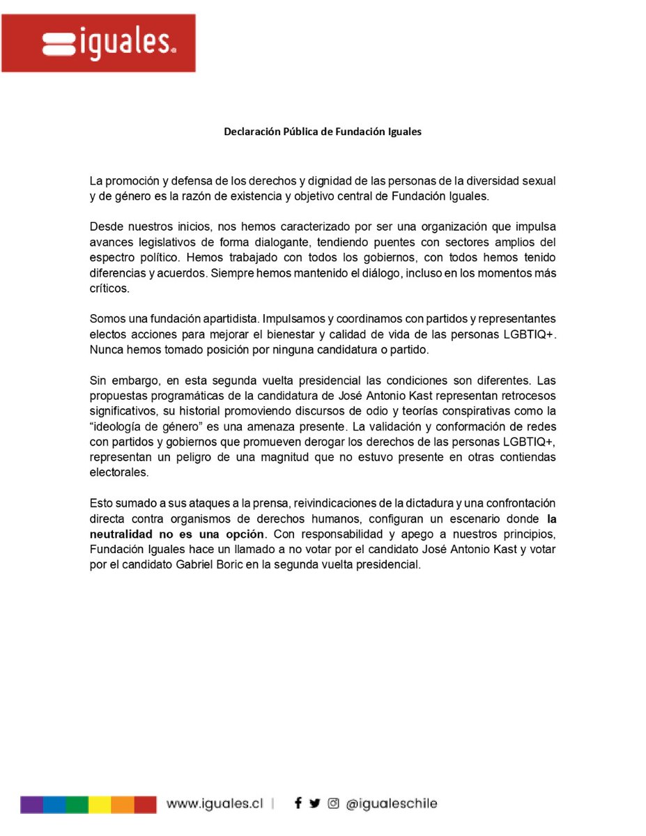 IgualesChile's tweet image. 🔊 Declaración del directorio de Fundación Iguales respecto de la segunda vuelta de las elecciones presidenciales.