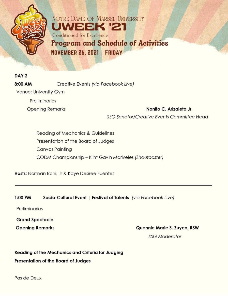 NDMUSSGOfficial's tweet photo. University Week 2021 Official Schedule of Activities
November 25-27, 2021
#UWEEK2021
#ConditionedForExcellence
#IntoTheHorizonsWeVenture https://t.co/iVKMPEzN3Z