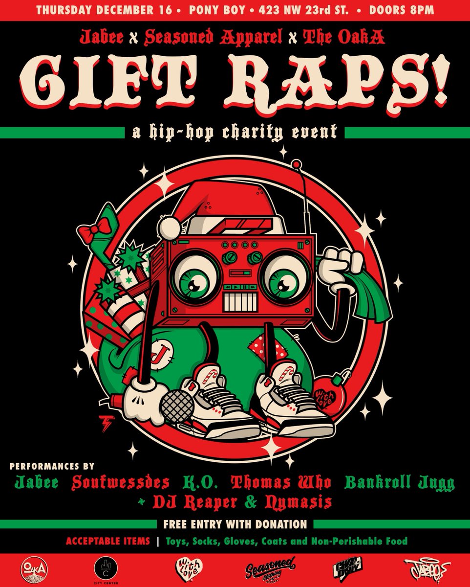 mynameisJabee's tweet photo. 12/16 the return of #GiftRaps at @ponyboyokc ! Collaboration with @seasonedapparel and @the_oaka !
@SoufWessDes , @SheIsKO , @BankrollJugg @IAmThomasWho @Nymasis405 @DJ_Reaper247 https://t.co/bpBz30q8Zw