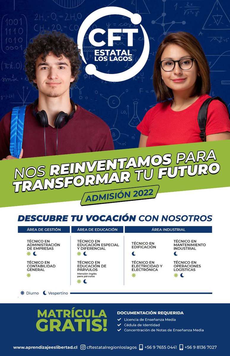 mineducloslagos's tweet photo. Atención jóvenes de Los Lagos ‼️ 
Ya está en marcha el Proceso de Admisión 2022 del CFT Estatal Los Lagos. 
➡️ Para más información ingresa a 💻
aprendizajeeslibertad. https://t.co/QvA7XF5VY8