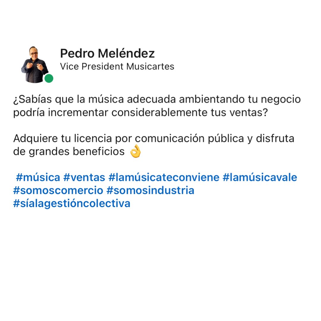 Pmelendezmusic's tweet image. ¿Sabías que la música adecuada ambientando tu negocio podría incrementar considerablemente tus ventas? 

Adquiere tu licencia por comunicación pública y disfruta de grandes beneficios 👌

 #música #ventas #lamúsicateconviene #lamúsicavale #somoscomercio #somosindustria