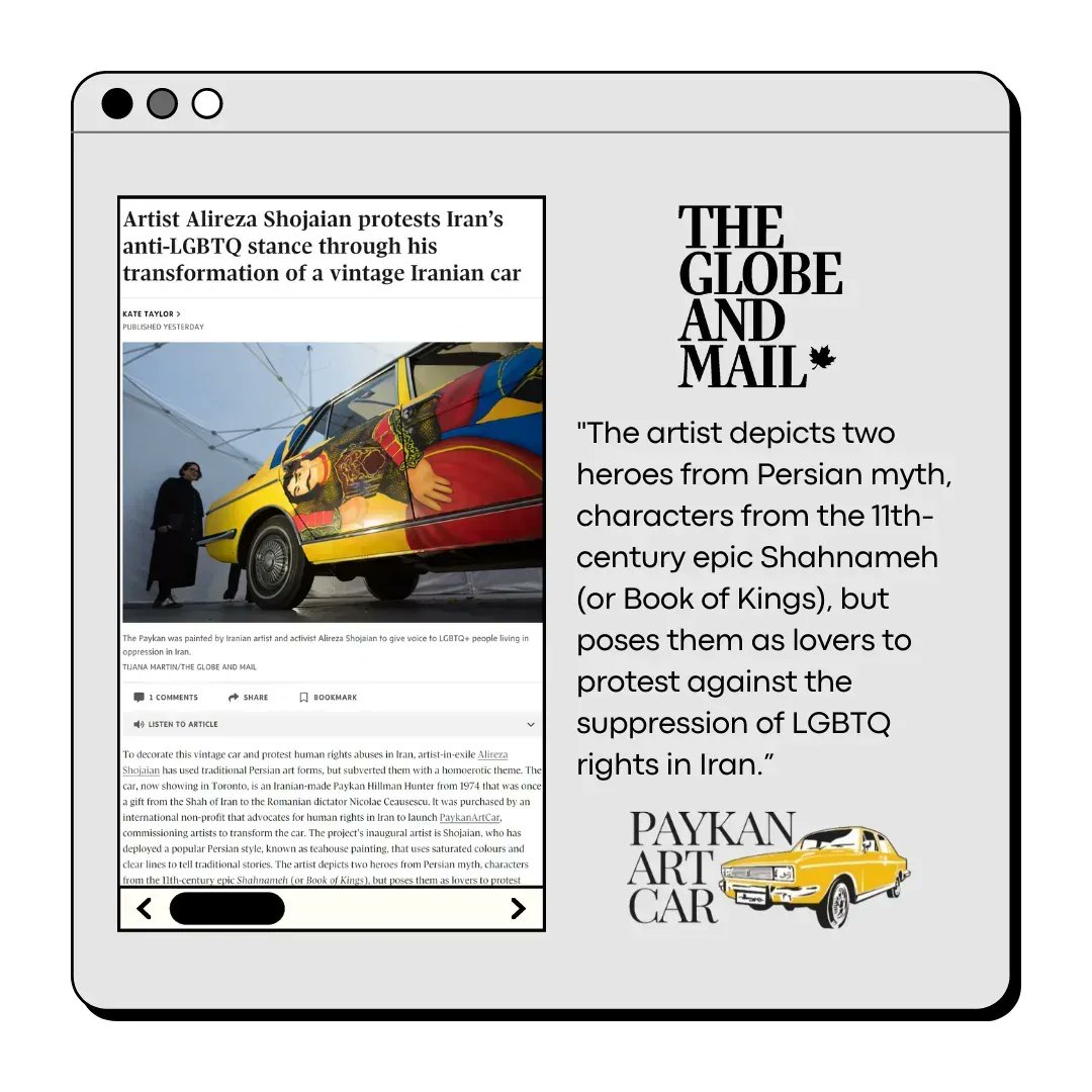 MatteStories's tweet photo. Read @paykanartcar in the @globeandmail today! Thank you, @thatkatetaylor, for your words on the #PaykanArtCar at @31927_2, done by Iranian-born artist @AlirezaShojaian for #LGBTQ+ rights in Iran.

Read the full article for all the details: https://t.co/gRSY11w6xt https://t.co/rf8kGSbB6p