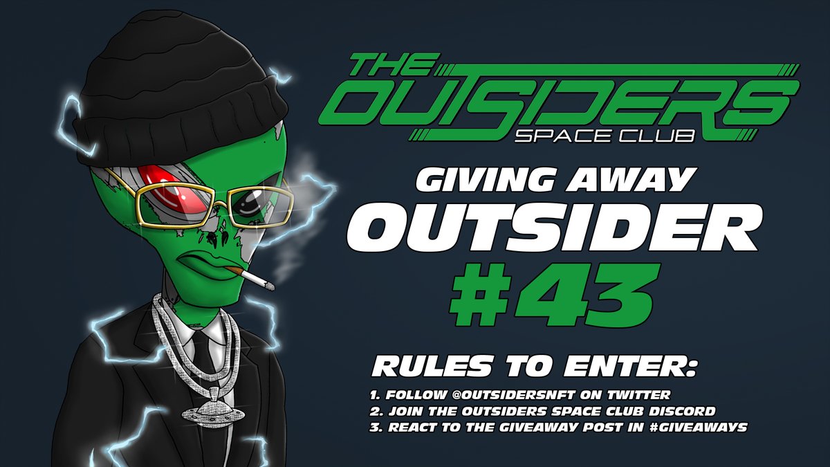 OutsidersNFT's tweet photo. #NFTGiveaway 🛸
Outsiders Space Club #43 (Worth .04 ETH)

Rules: 👽
1. Follow @OutsidersNFT 
2. Like, Retweet, Comment Wallet Address
3. Join our Discord https://t.co/3zRfWLvoUf
4. React to GiveawayBot

Winner will be randomly chosen by the Giveaway Bot this Friday!

#NFT #NFTs https://t.co/ZGJXWk7hOI