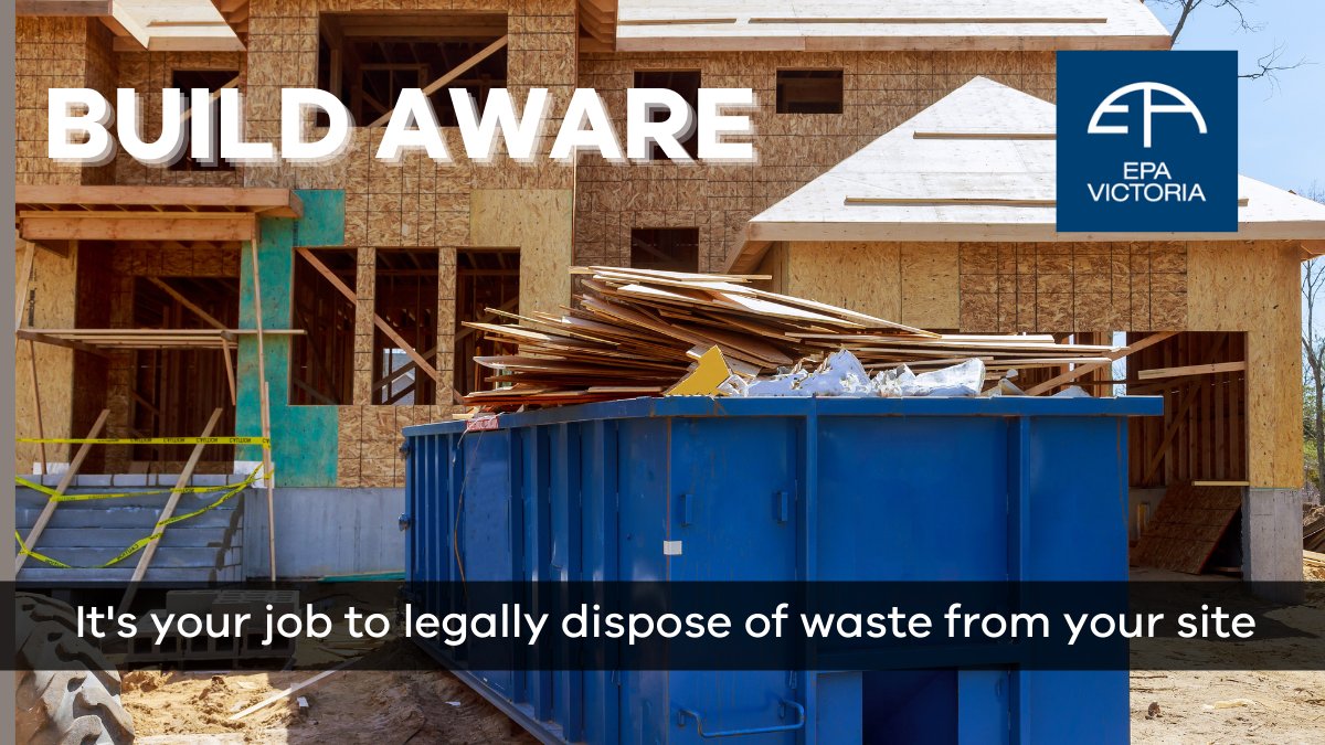 VicGovEPA's tweet photo. Do you work in construction/demolition? Do you know where the waste from your site is going? Did you know EPA can fine you for using a waste removal business that illegally dumps your waste? Learn how to comply with your waste duties https://t.co/0wtYW3kkJ1 #buildaware https://t.co/OEkIz8gy9P