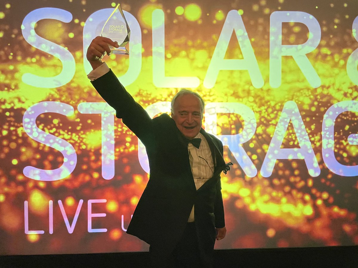 aessolar's tweet photo. Wow! What a night at @SolarStorageUK Awards 2021 in Birmingham. 
 
Our managing director and “founding father of solar” George Goudsmit has only gone and been awarded the Lifetime Achievement Award for his dedication to the solar industry over the past 30 years. 🥳👏 https://t.co/XVuyHMG8fE