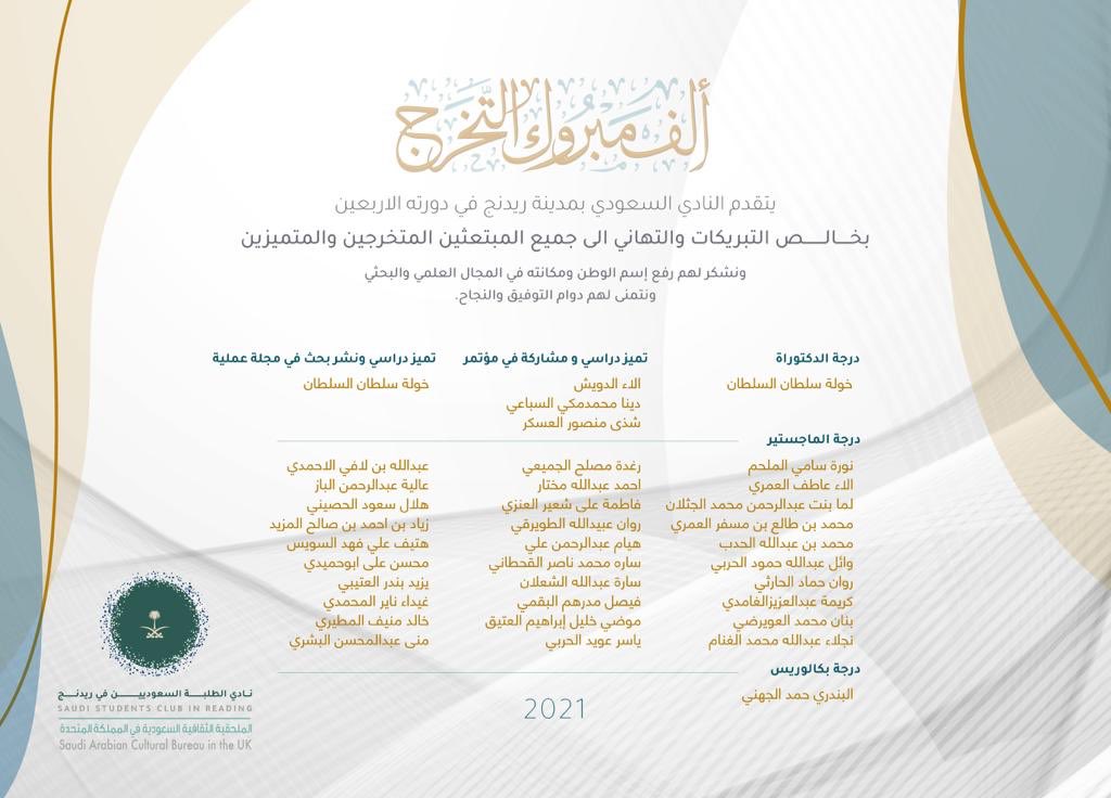saudi_reading's tweet photo. في ختام هذه العام يطيب للنادي السعودي بمدينة #ريدنج أن يبارك و يهنئ خريجي وخريجات هذا العام 2021 ونتمنى لهم دوام النجاح و التوفيق و التألق.@FataniAmal @uksacborg https://t.co/T1Cqpjn4dK