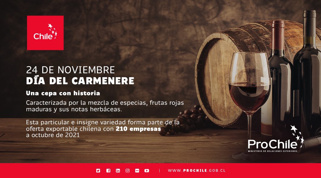 prochile_cr's tweet photo. Hoy celebramos el Día del #Carmenere, cepa emblemática de los vinos tintos chilenos y que por muchos años se creyó extinta. Los invitamos a conocer más sobre nuestras viñas, patrimonio vitivinícola chileno 🍷🍇  https://t.co/D4qmCU6G75 https://t.co/i4RdmdzegV