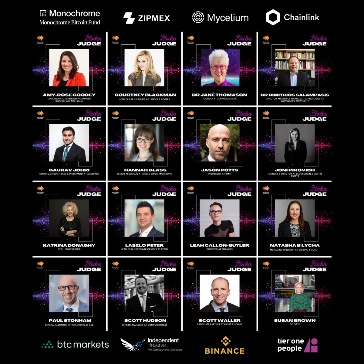 A huge 🙏 to our Blockies Awards judges 🙌

<a href="/courtnyblackman/">Courtney Blackman</a> <a href="/janeathomason/">Dr Jane Thomason</a>  Dimitrios Salampasis <a href="/amydashrose/">Amy-Rose Goodey</a>  Gaurav Johri <a href="/jonipirovich/">Joni Pirovich 🛡️</a>  <a href="/Hannah_Glass/">Hannah Glass</a>  <a href="/profjasonpotts/">Jason Potts</a>  <a href="/katrina_donaghy/">Katrina Donaghy</a>  Laszlo Peter <a href="/leah_cb/">Leah Callon-Butler</a> Natasha Blycha Paul Stonham <a href="/SAHuddo/">Scott Hudson</a> Scott Waller Susan Brown