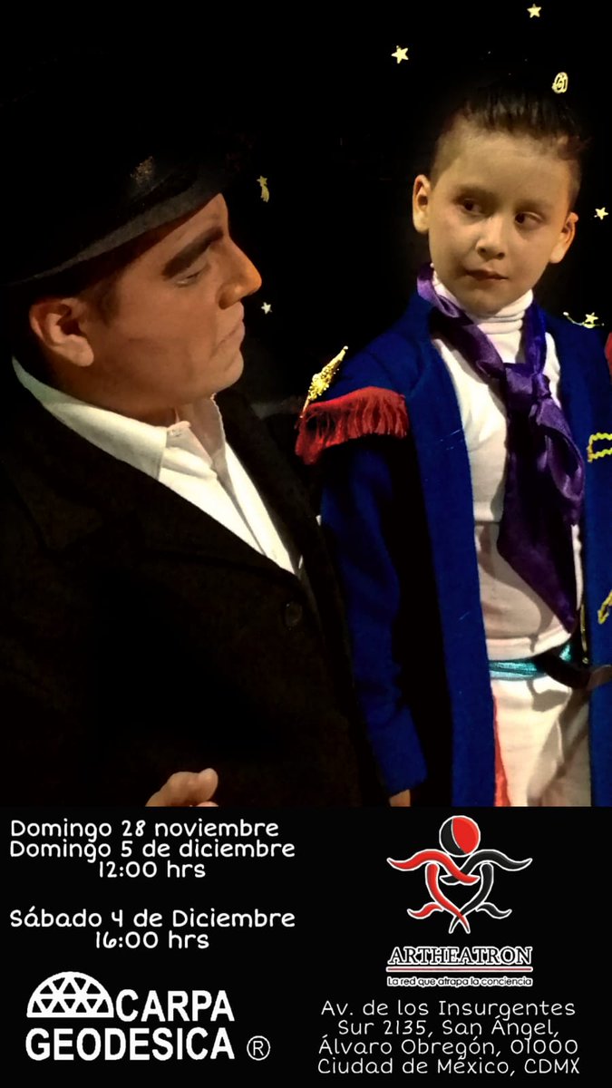 Gran estreno este domingo 28 de noviembre. A las 12 del día. En la Carpa Geodésica! Bajo la dirección de Carlos Fierro. 
Recuerda que lo esencial es invisible a los ojos!
<a href="/ACulturatv/">Arte Culturatv</a> <a href="/3aLlamadaTeatro/">Tercera Llamada</a> <a href="/_MenuTeatral/">Menú Teatral</a> <a href="/BogartMagazine/">Bogart Magazine</a> <a href="/CarteleradeT/">Cartelera de Teatro</a> <a href="/edresenateatro/">Ed Reseña (teatro)</a> #principito