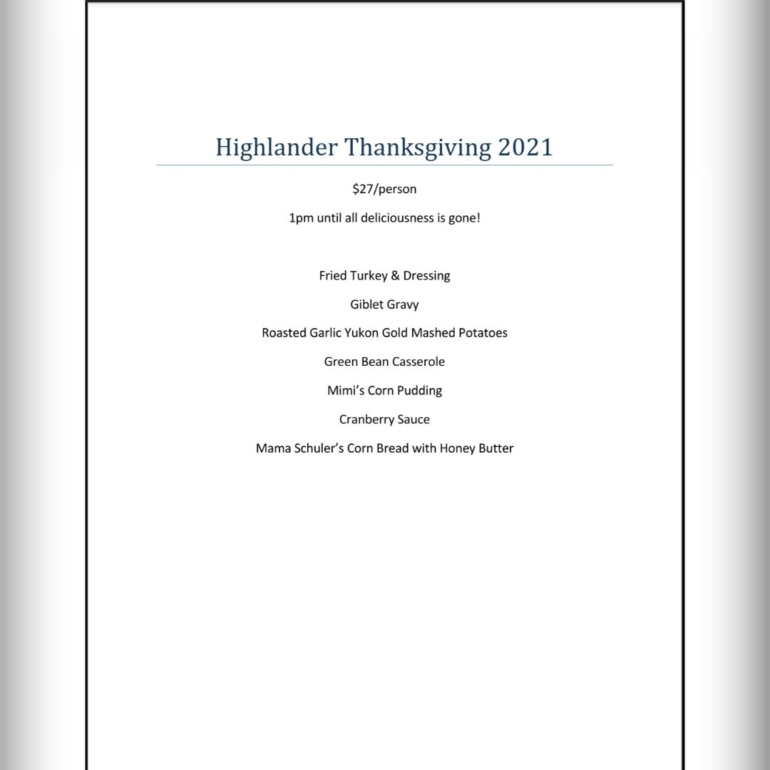thehighlander11's tweet photo. We are open tomorrow our regular hours! We have a full menu, as well as this amazing Thanksgiving feast!  Thanksgiving dinner starts at qpm and goes until we sell out! No reservations needed,  just come in in!  
#highlanderatl #thanksgiving #openthanksgiving #eatlocal #goodfood https://t.co/dz3JdfVSMx