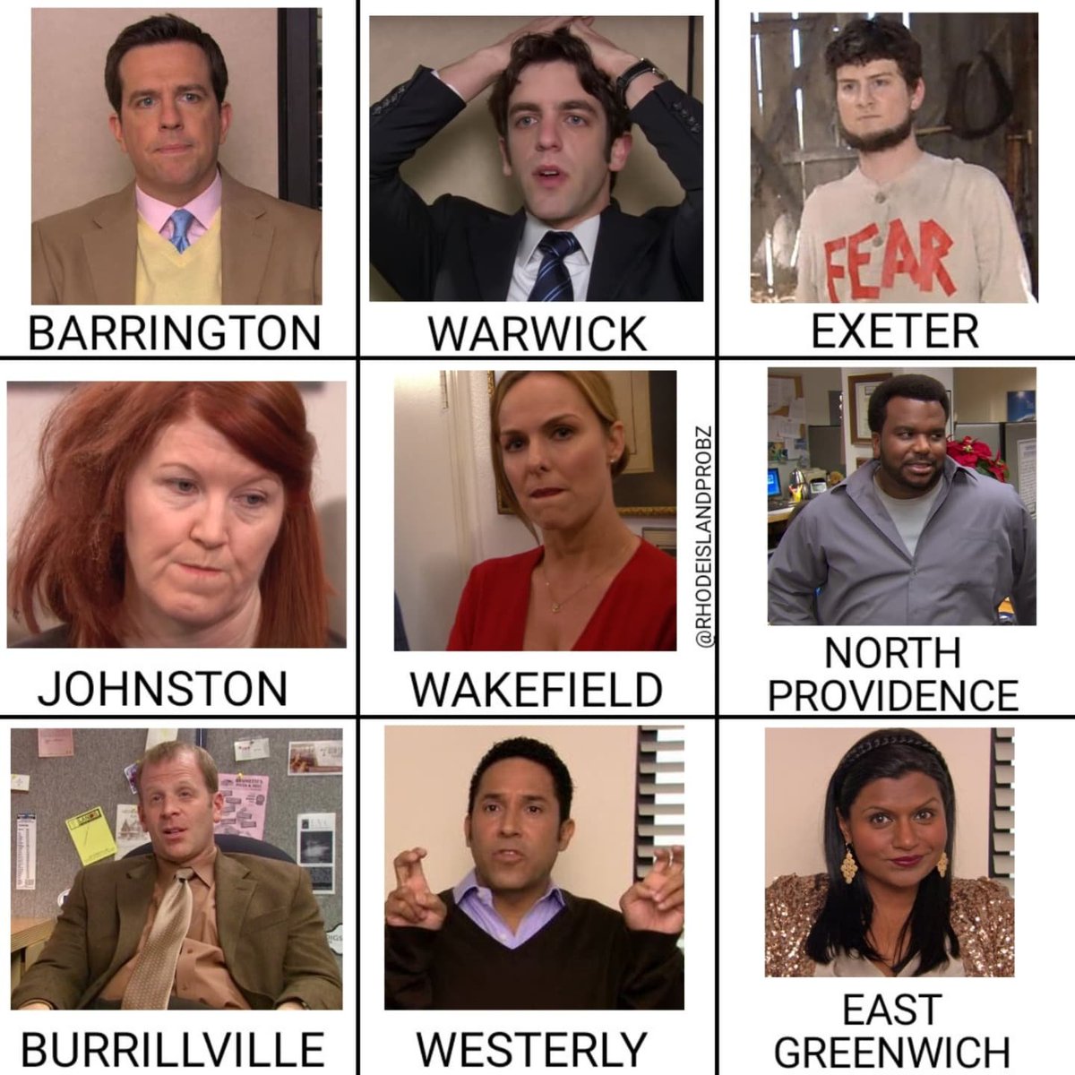RIprobz's tweet photo. Characters from @theofficetv as towns in Rhode Island.

What's your favorite quote from The Office? #RIprobz https://t.co/ANTWzTNgSt