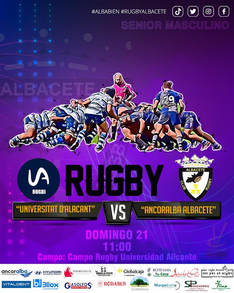 ¡EL RUGBY NO PARA! 💥

Senior Masculino Ancoralba
🕘 Domingo 21 a las 11h
🏉 vs <a href="/rugbyua/">UA Rugbi</a> 
🏟 Campo Rugby Universidad de Alicante

#albabien #rugby #rugbyalbacete #cralbacete #rugbyua