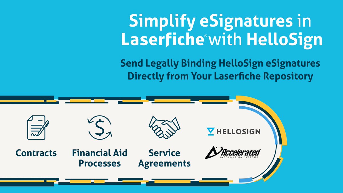 AISWW's tweet photo. Streamline business-critical processes with our @HelloSign #integration for @laserfiche. https://t.co/edS4mWLQJP
Send files for #legallybinding #eSignature directly from your #repository and simplify completion of #financialaid processes, #serviceagreements, #contracts, & more! https://t.co/7yh0tMu5ZM