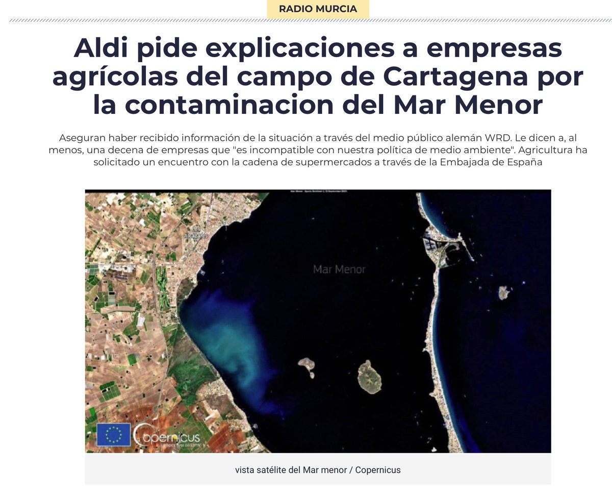 paconadal's tweet photo. Esto es muy fuerte: la empresa alemana ALDI pide explicaciones a empresas agrícolas del campo de Cartagena por su implicación en el desastre ecológico del #MarMenor y amenaza con dejar de comprarles https://t.co/BY0r9XirHi Al final, tendrán que venir de fuera a arreglar esto https://t.co/UtRz7SX8Pr