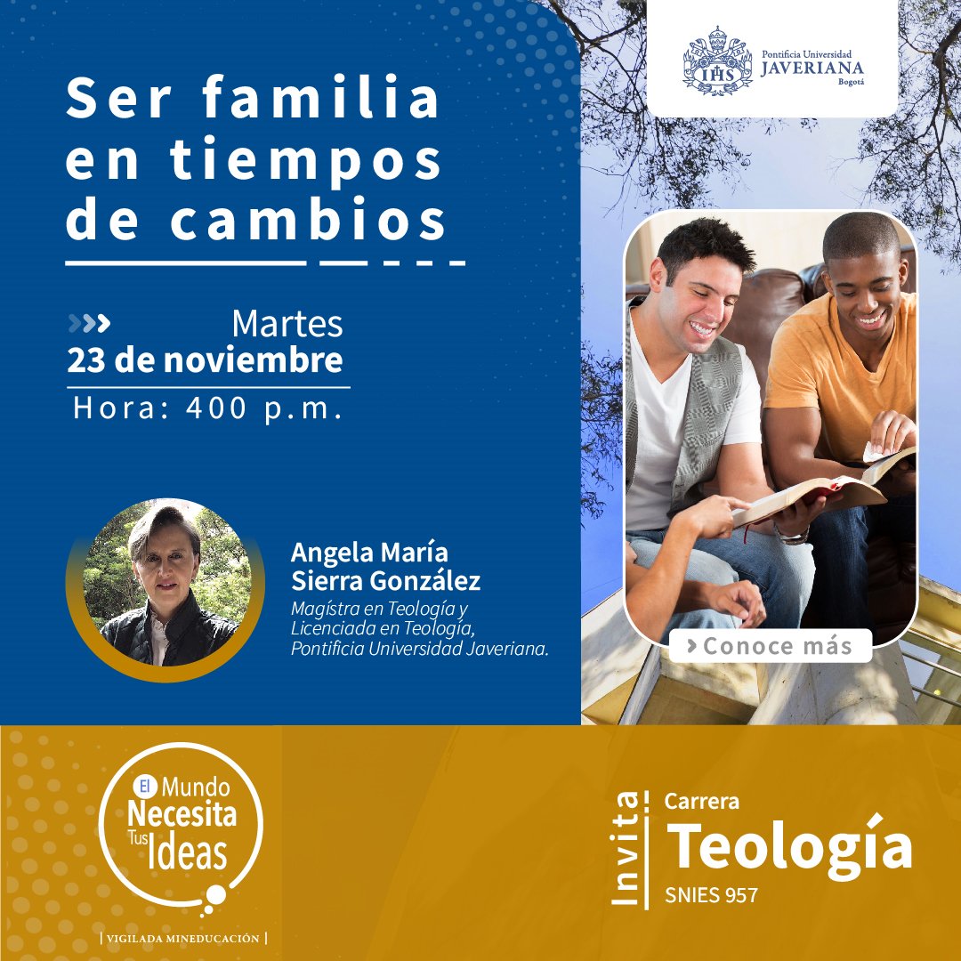 SER FAMILIA EN TIEMPOS DE CAMBIO

📆Martes, 23 de noviembre
⏰4:00 P. M.
🤓Angela María Sierra
📝Inscripciones abiertas: forms.office.com/Pages/Response…

#Familia #Teología #iglesia #iglesiacatolica #IGLESIACOLOMBIANA #familiacatolica