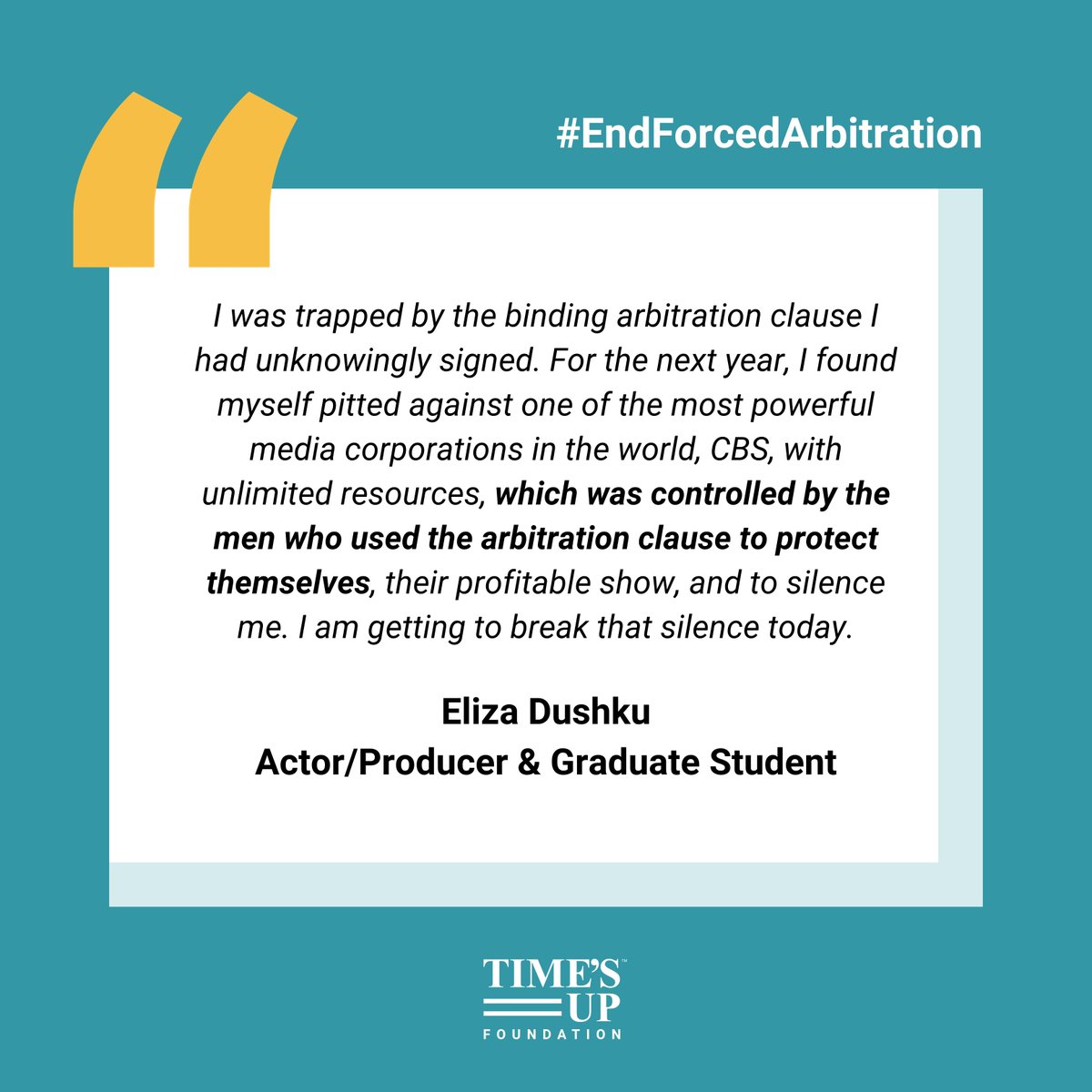 Ending forced arbitration of sexual assault claims will allow survivors to speak openly and will protect others in workplaces across the country. We stand with @ElizaDushku, Tatiana, Andowah, and Lora.

It is time to #EndForcedArbitration.