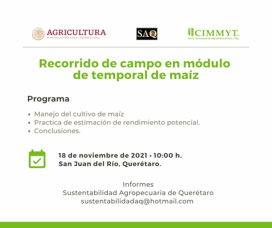 🌽 Te invitamos a un recorrido de campo en San Juan del Río, #Querétaro. Ofreceremos una charla sobre producción de maíz en temporal con agricultura sustentable. Realizaremos una práctica para estimar el rendimiento potencial.

🗓️18 de noviembre de 2021
🕙10:00 h.