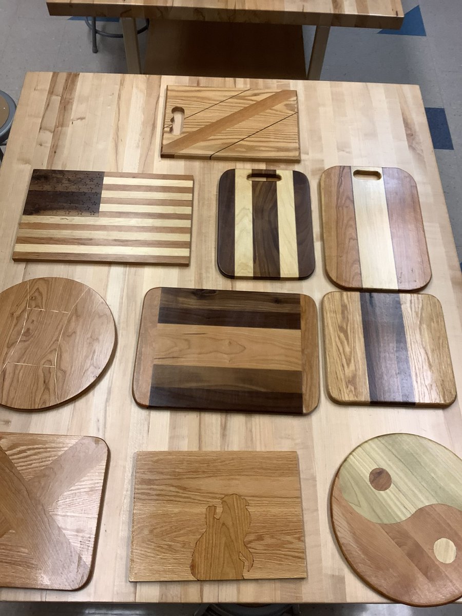 LSWoodTech's tweet image. A little sample of the cutting boards Wood 1 made this semester.
