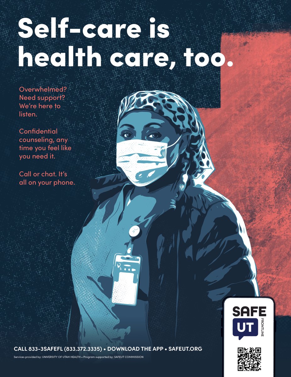 utahhospitals's tweet photo. SafeUT Frontline is here to help caregivers who are struggling. Please reach out if you need someone to talk  to. You are the backbone of our healthcare system! @steward @HCAhealthcare @mstarHealth @UofUHealth @Intermountain  @Safe_UT https://t.co/hFA980pQXT