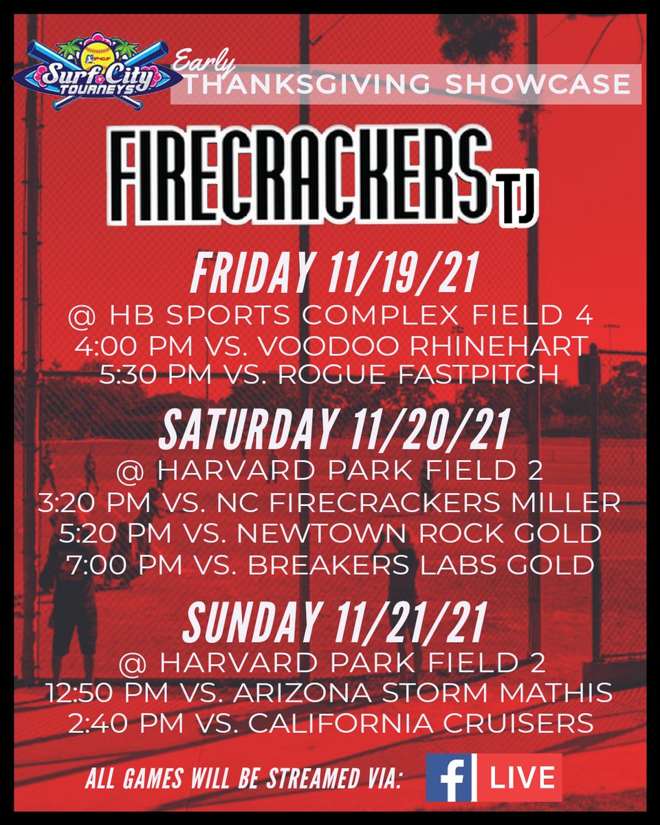 MPalazuelos2023's tweet photo. Here is our #FirecrackersTJ schedule for @PGFnetwork Surf City Early Thanksgiving Showcase. Can't wait to hit the dirt with my 'mates! @Los_Stuff @StriveSoftball @SAProfileCard @d1fastpitch1 @Sports_Recruits @BBOS_Nation @d1fastpitch1 @SoftballConnect @CoastRecruits @recruit_tc https://t.co/vyIwRCKqSJ