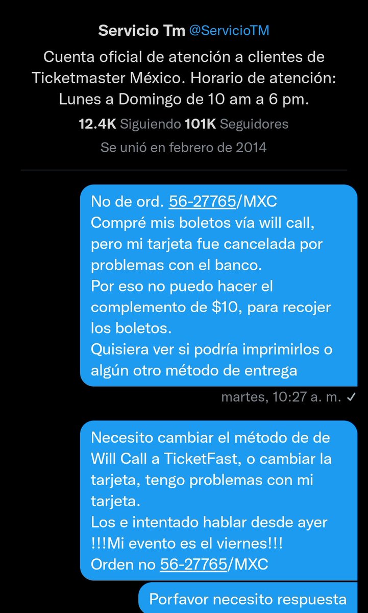deart360's tweet photo. @ServicioTM @Profeco  nesecito la atención y no la están brindando responden. Llevo correos desde hace una semana y tweets. Y no responden. Necesito cambiar el método de de Will Call a TicketFast. 
!!!Mi evento es el viernes!!!
Orden no 56-27765/MXC https://t.co/24JyqViyth