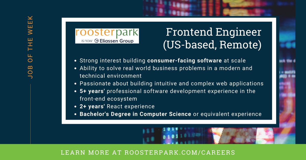 RoosterPark's tweet photo. We’re seeking an experienced Frontend Engineer to help a favorite client grow their online marketplace space through creating consumer-facing software and intuitive web applications!
To learn more, please contact Melissa Minor melissa@roosterpark.com 
https://t.co/WYixc6zas8 https://t.co/oe06D9eZll