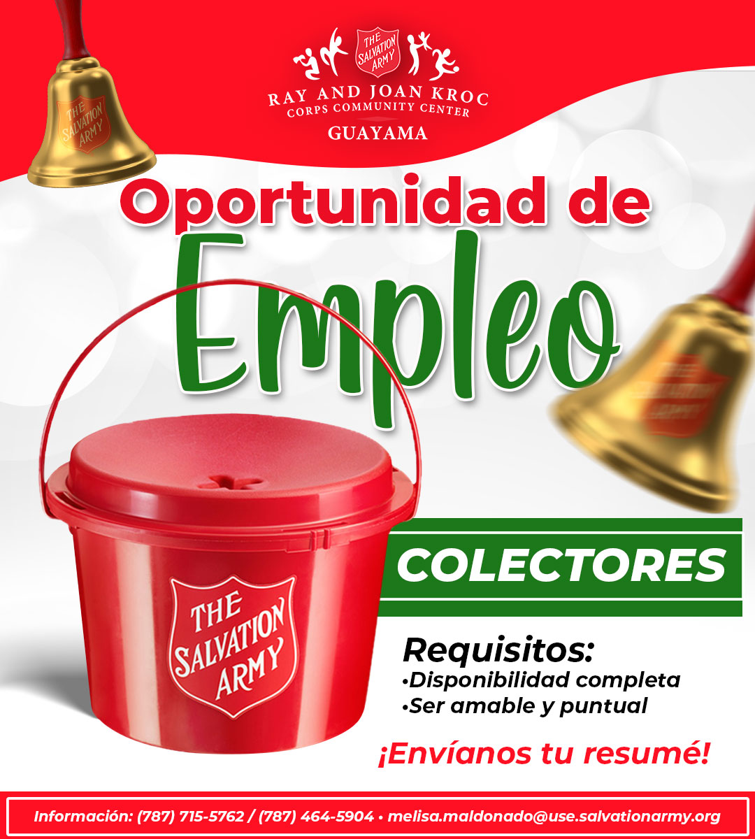 KrocGuayama's tweet photo. ¡Tenemos trabajo para ti en esta Navidad!🎄 Buscamos colectores para nuestra tradicional Campaña de la Olla Roja🔔 #HaciendoelBien #KrocFamily 
📌Comunícate con nosotros y completa tu solicitud: (787) 715-5762 / (787) 464-5904 • melisa.maldonado@use.salvationarmy.org https://t.co/7o1ZzXJ2nt