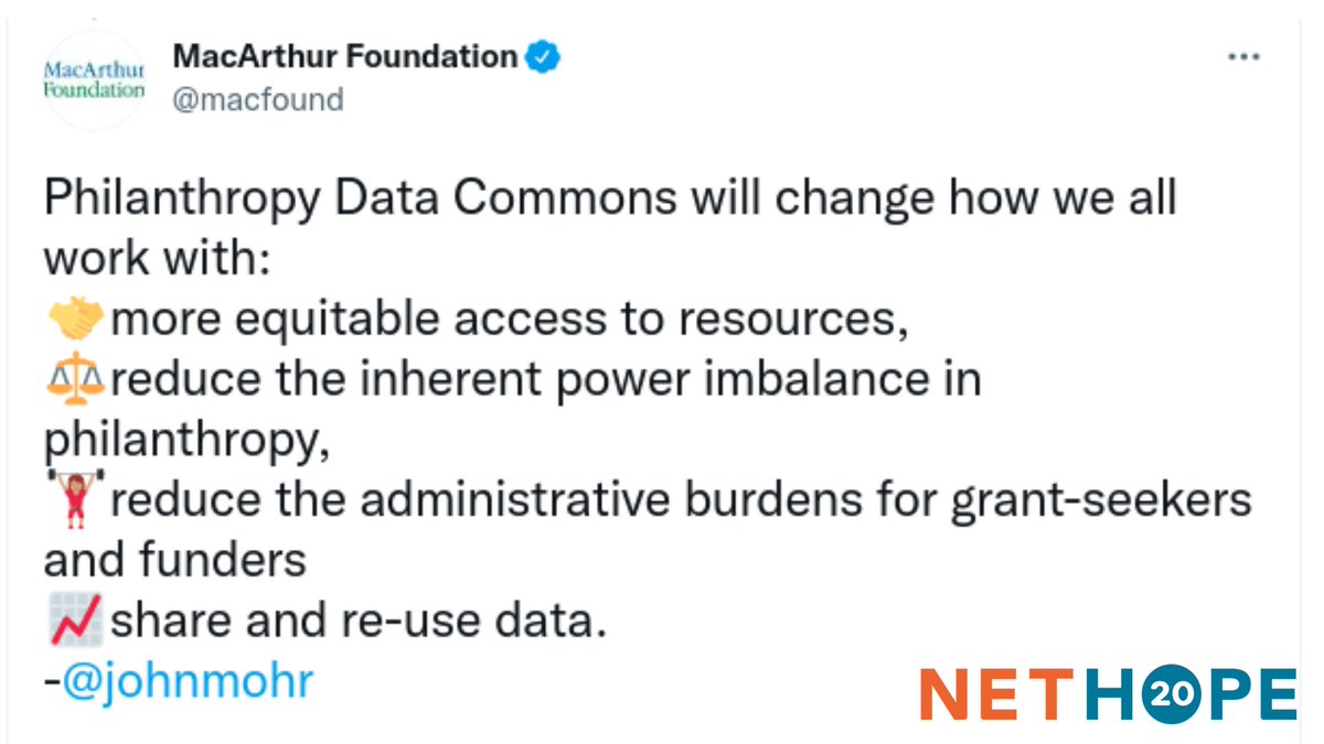 NetHope_org's tweet photo. @macfound  is announcing a sector-wide common grant application. 

"The Philanthropy Data Commons pays specific attention to and prioritizes the grantseeker perspective and experience." - @jpalfrey, President of @macfound 

#NetHopeSummit2021 https://t.co/gbYLL9FGW7