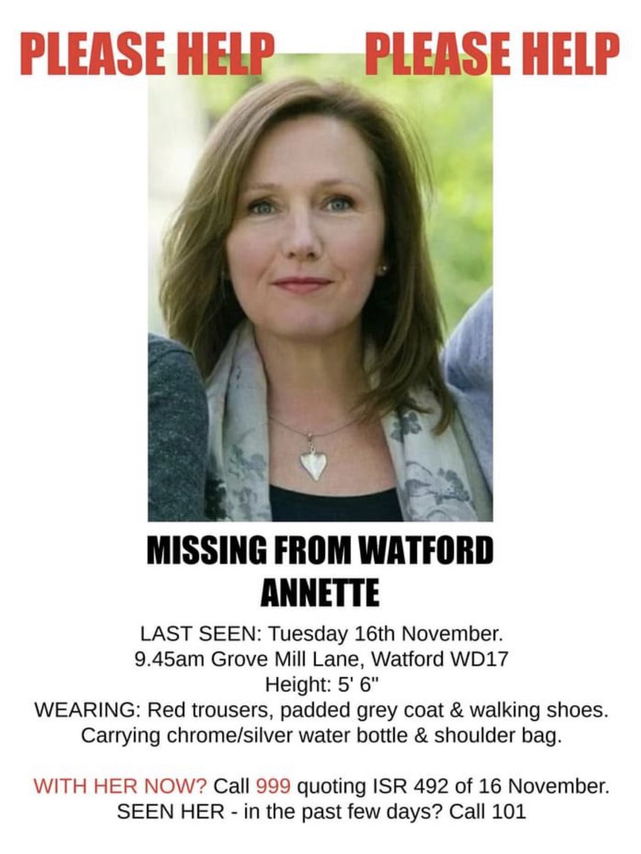 If anyone has any news or sightings of Annette please contact the details below.  Annette has local family and they are desperate for news.

<a href="/RickyWaterTrust/">RickyWaterwaysTrust</a> @CommunityTimes_ <a href="/MyRickyNews/">Ricky News</a> <a href="/WatfordFC/">Watford Football Club</a> @watfordfcwomen <a href="/A07Fire/">RickmansworthFire</a> <a href="/waterwaysarts/">Waterways Arts Collective</a> #MissingPerson #watford