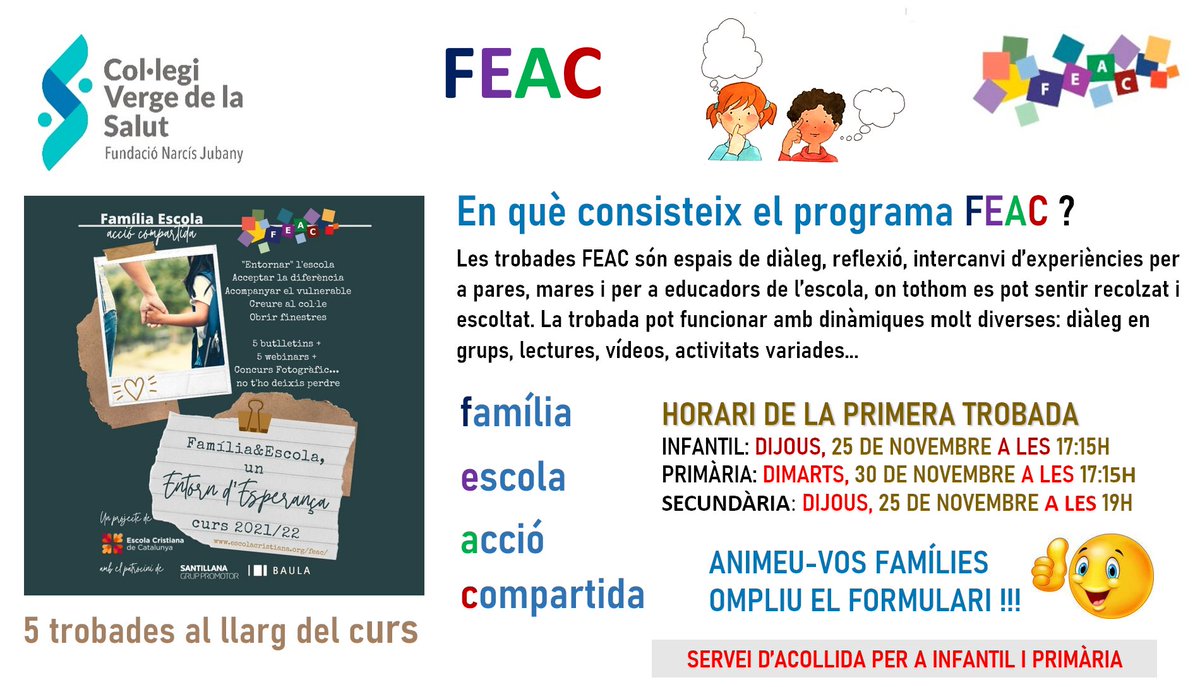 Ja s'apropen les primeres trobades FEAC del curs 21-22. Dimarts, 30 de novembre, per a Primària a les 17:15 h i Dijous, 25 de novembre per a Infantil a les 17:15 h i per a Secundària a les 19:00 h.