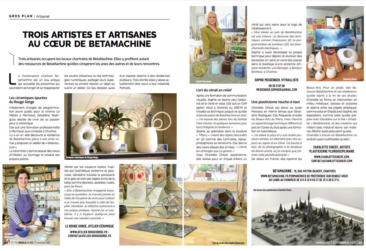 Les artistes et artisanes de Betamachine à l'honneur dans une double-page dans le magazine Votre Agglo de Novembre 2021. Bravo à Sophie (OVORB), Charlotte (Charlotte Chicot) et Géraldine (Le Rouge Gorge - Atelier Céramique) !