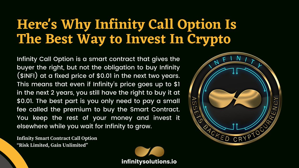 InfinityCrypto1's tweet photo. π #Infinity #SmartContract #CallOption π°
π¨βπΌ Risk Limited, Gains Unlimited! π
ποΈ Click the link below to know more about Call Option.
https://t.co/vCBRpMJDW2
π Sign up now at https://t.co/XLe03aJq4HβΌοΈπ₯
#crypto #cryptocurrency #blockchain #Altcoins #investing #infinitycrypto https://t.co/UrcNIi2leE